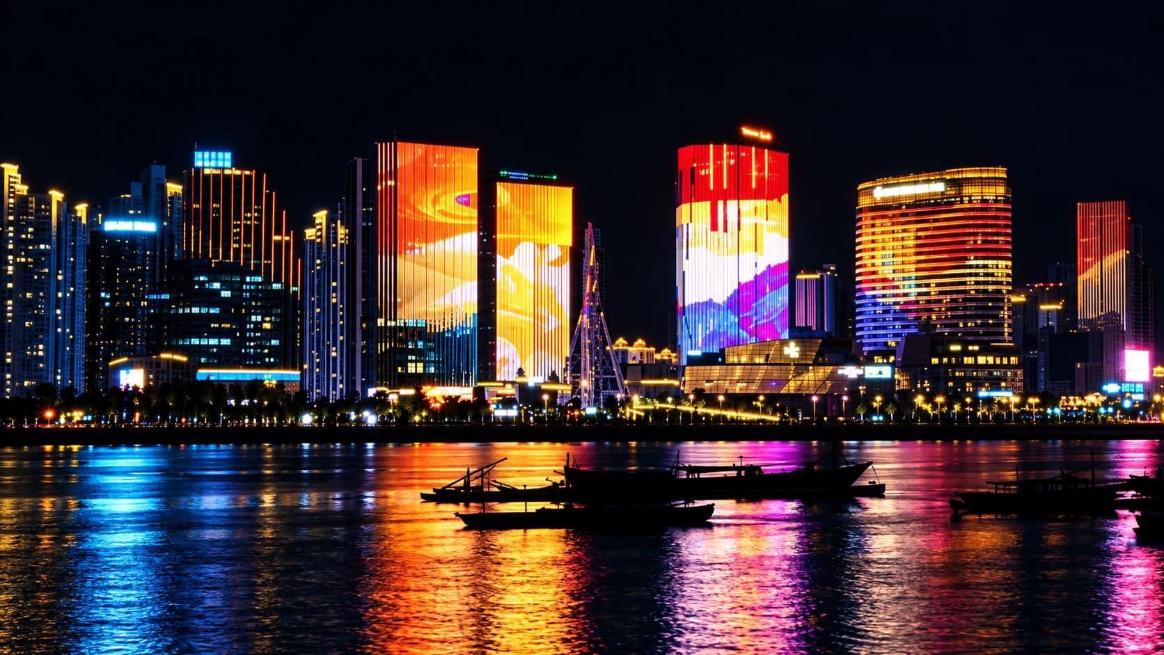 Torres com fachadas iluminadas refletidas em rio com barcos em silhueta